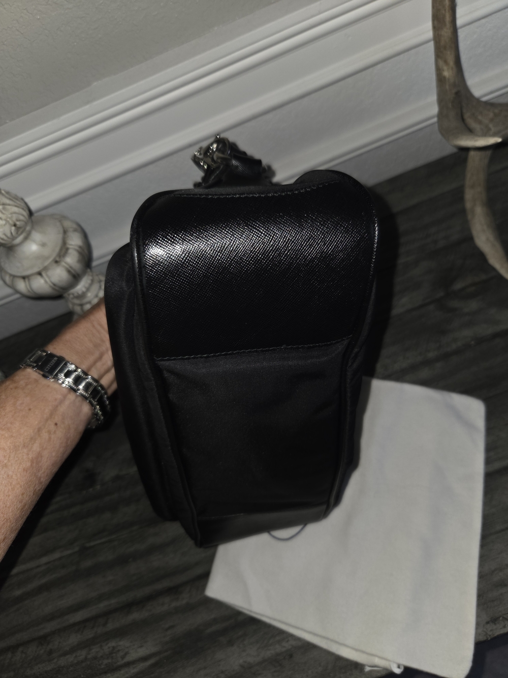 Prada Black Nylon Shoulder Bag with Chain-Link Strap - Picture 15 of 16